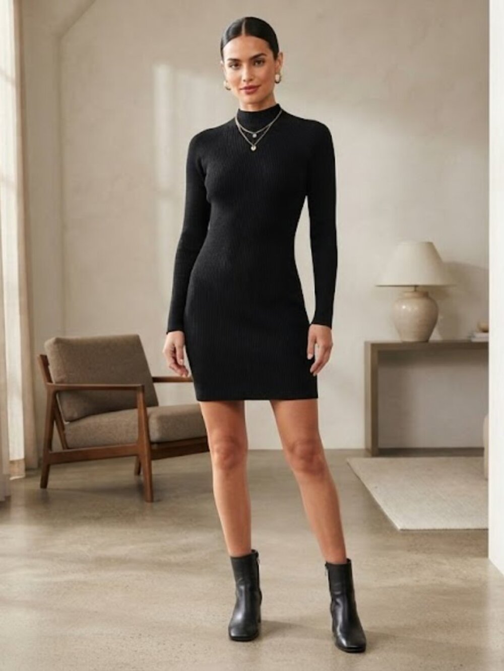 ARITZIA WILFRED Black Ribbed Long-Sleeve Bodycon Dress - Picture 1 of 10